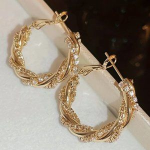 18k Gold Plated Twisted Design Diamond Hoop Earrings